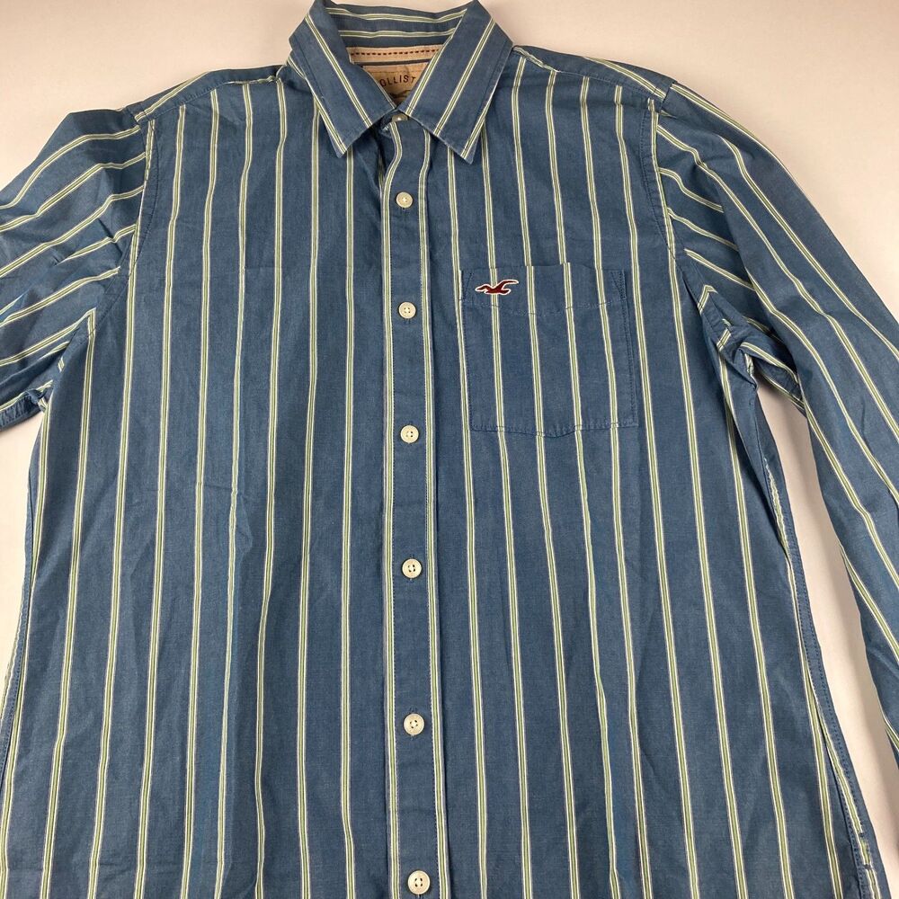 Hollister California Shirt Men L Blue Green Stripe 100% Cotton Y2K Button Up